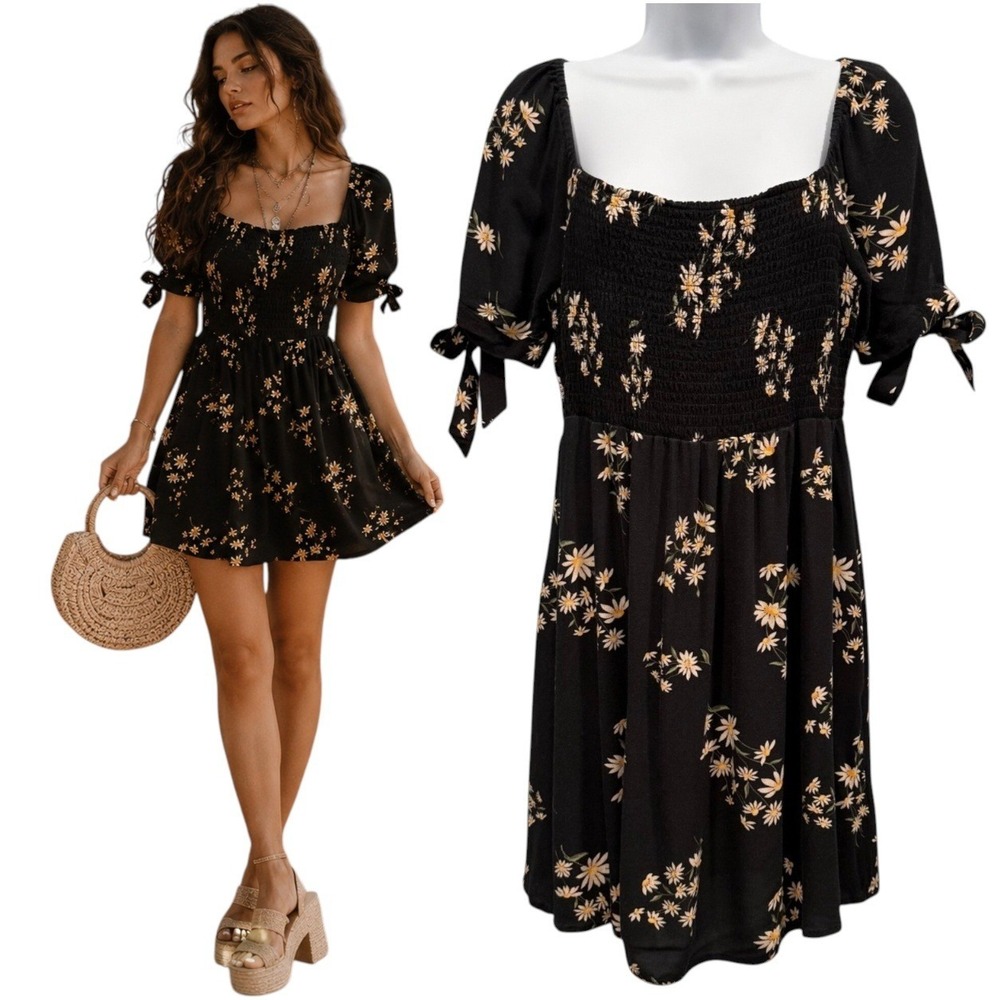 American Eagle Smocked Mini Dress Floral Tie Sleeves Romantic Boho Black Size M